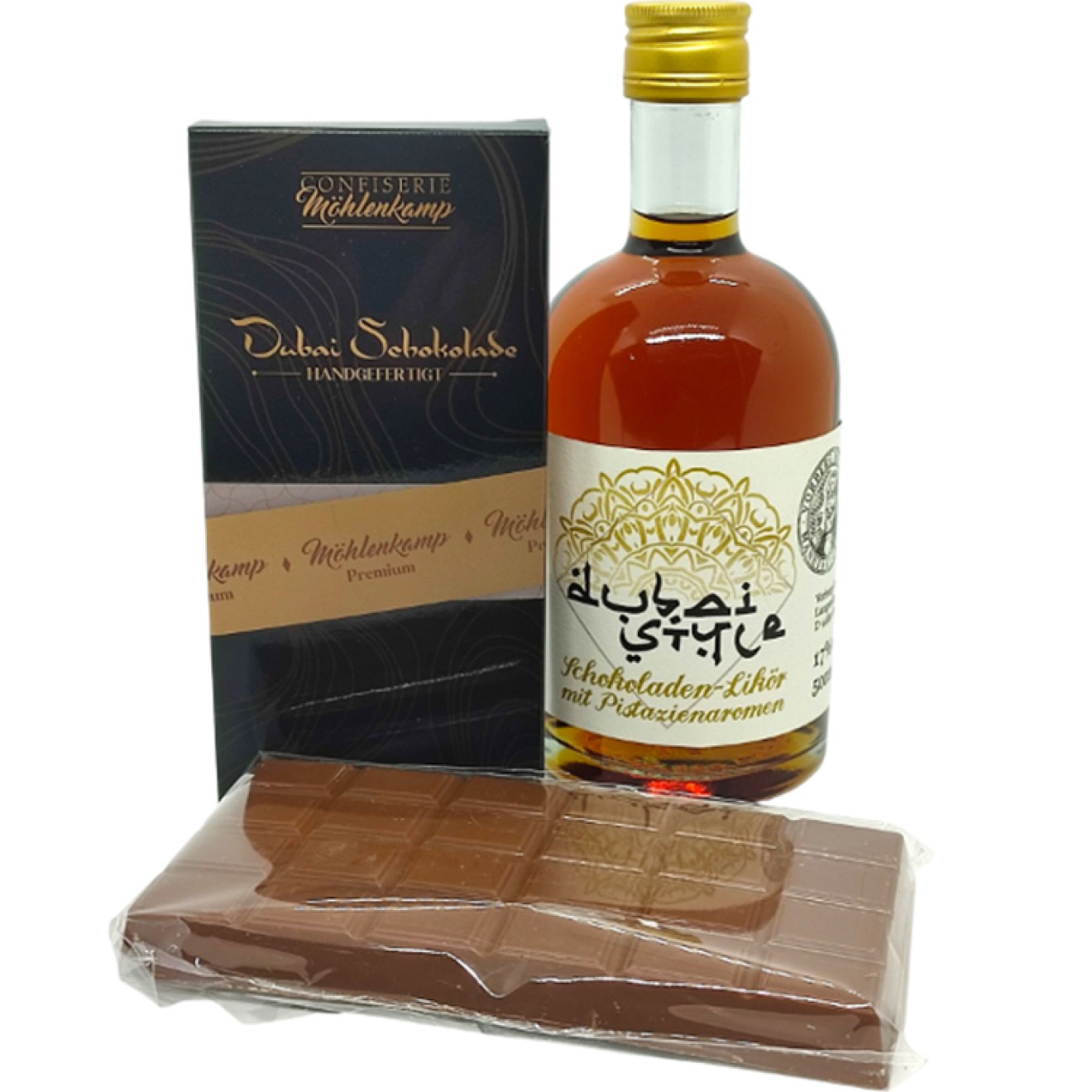 DUBAI Schokoladenlikör 17% 0,5 + Dubai Style Schokolade 196g
